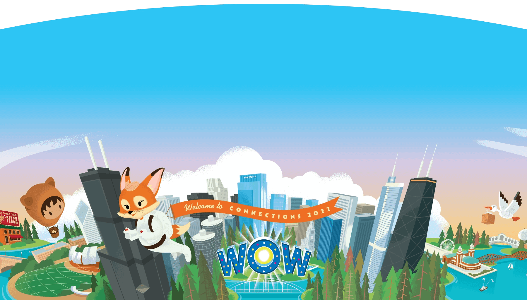 Draw of Chicago city with two Salesforce Mascots flying